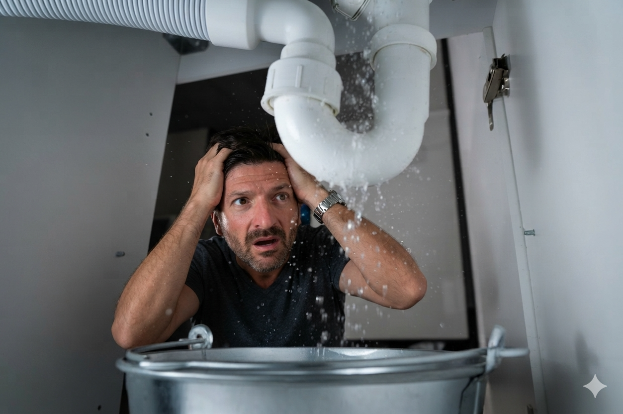 Homeowner in a panic over a leaking pipe under the sink