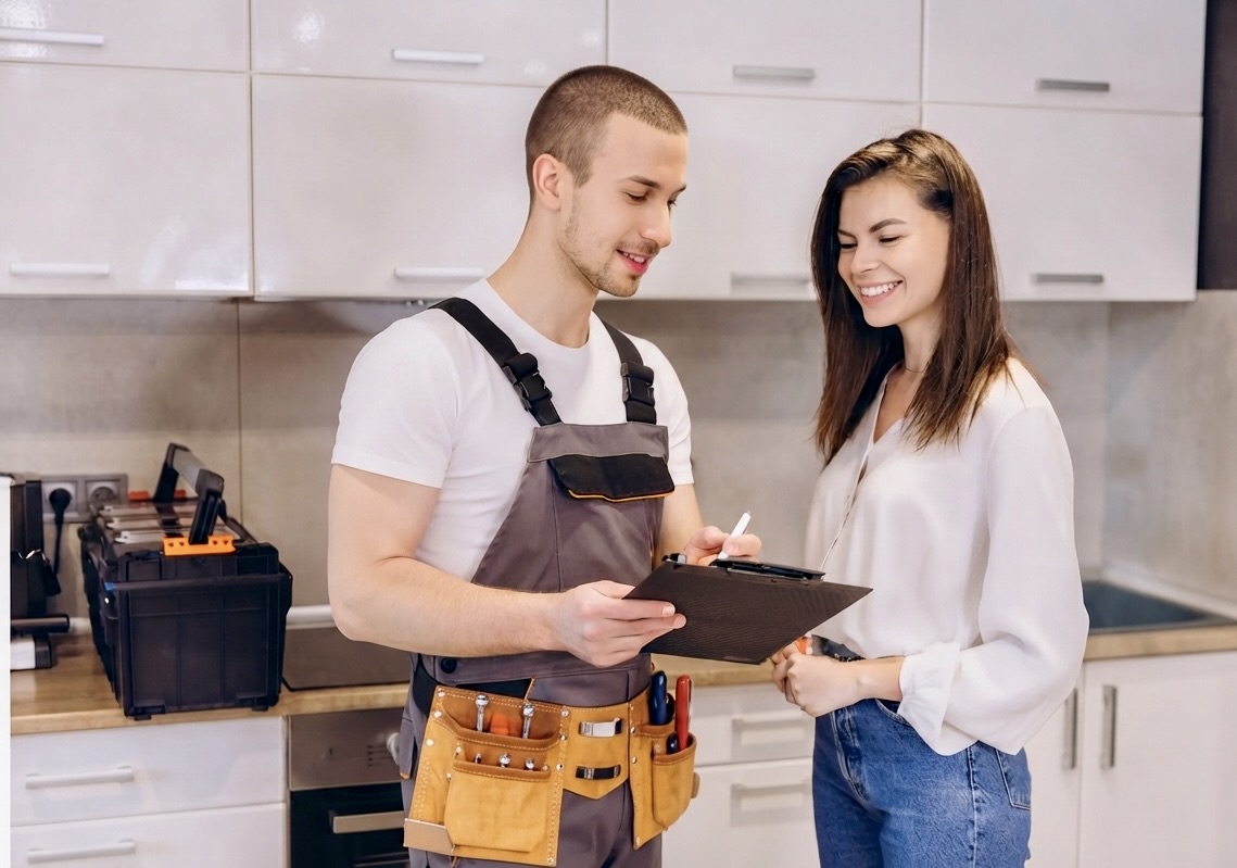 Plumber reviewing the job with a customer in her kitchen